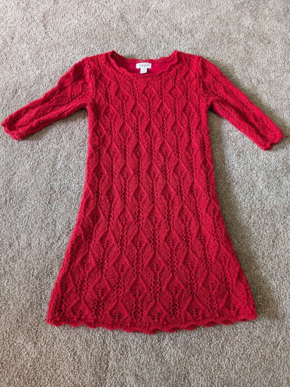 Lined red sparkly knit dress with sleeves  scalloped edge size 6/6x